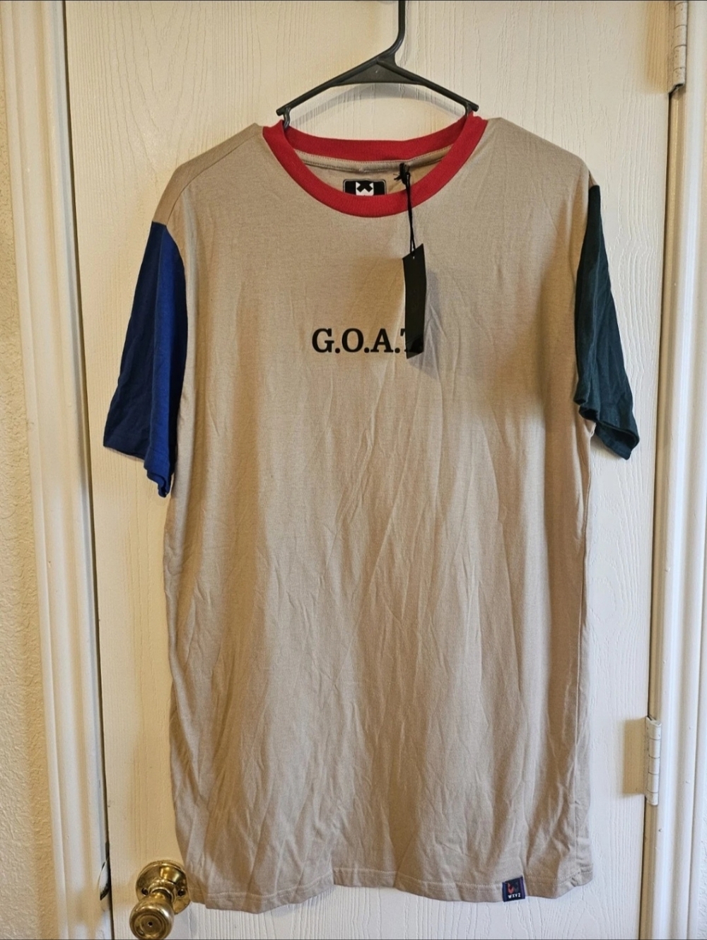 WXYZ G.O.A.T Colorblock Graphic Print Men's T-Shirt Beige Blue Red Black L